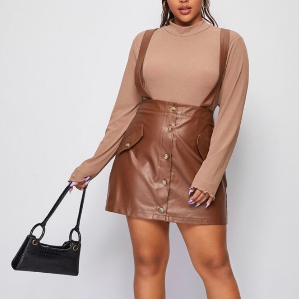 🆕 Faux Leather Brown Suspender Skirt